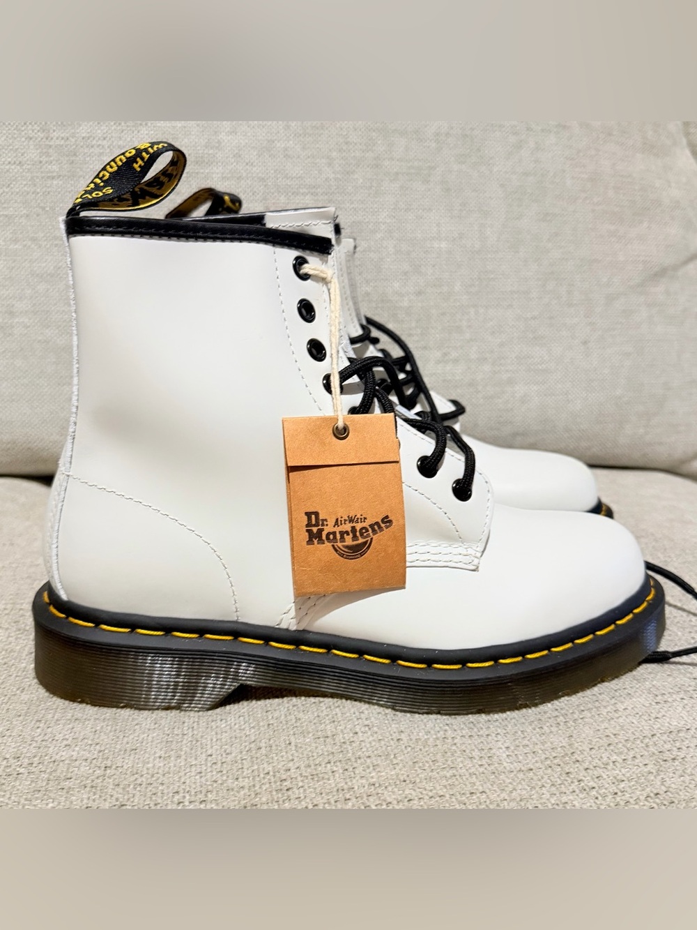 Dr. Martens White 8-Eye Lace-Up Boots with Black Trim